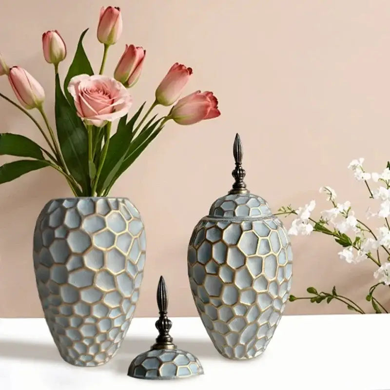 Geometric diamond check gray ceramic vase living room decor