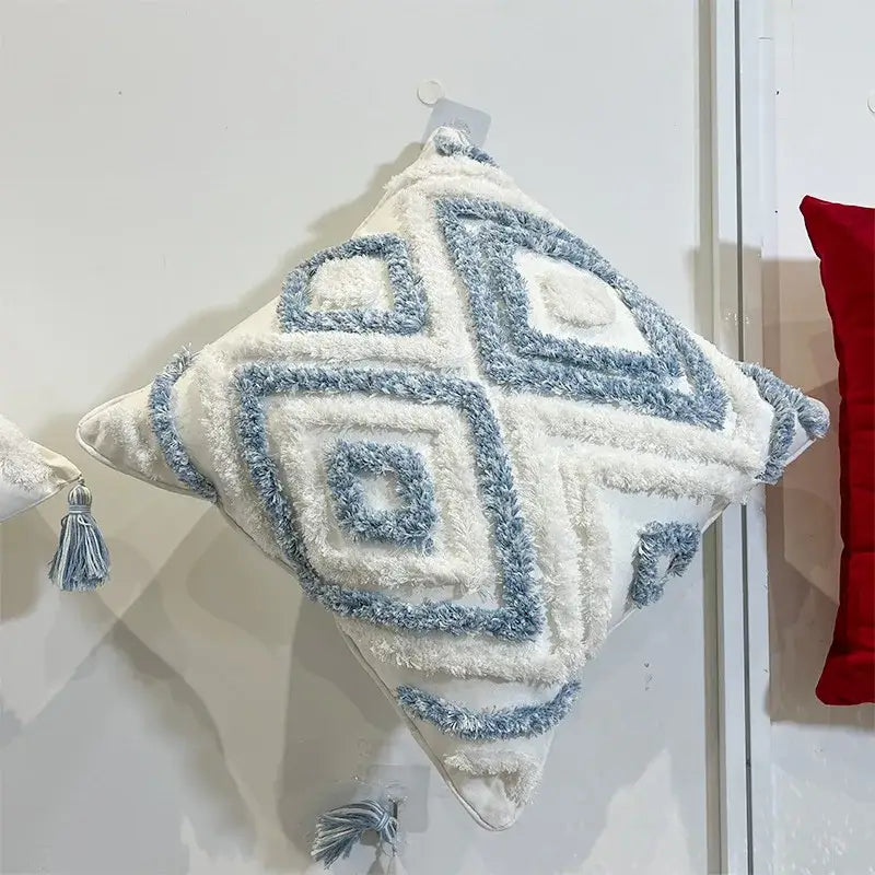 Geometric diamond tufted embroidery blue & white pillow – living room