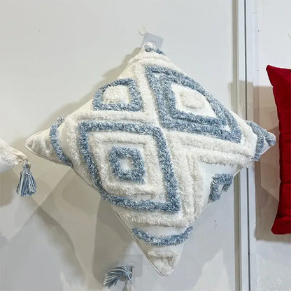 Geometric diamond tufted embroidery blue & white pillow – living room