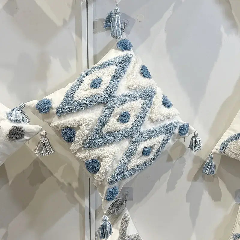Geometric diamond tufted embroidery blue & white pillow – living room