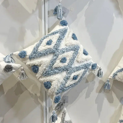 Geometric diamond tufted embroidery blue & white pillow – living room