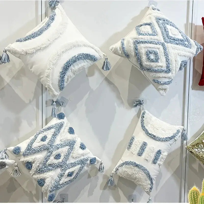 Geometric diamond tufted embroidery blue & white pillow – living room