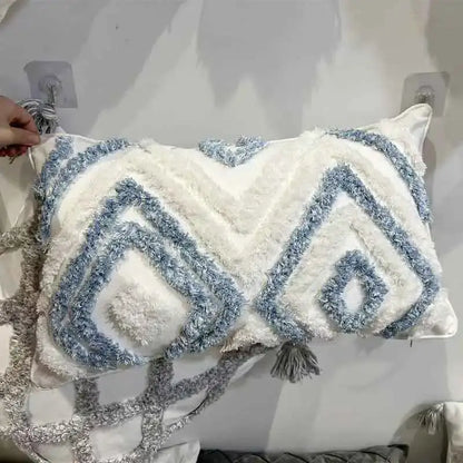 Geometric diamond tufted embroidery blue & white pillow – living room