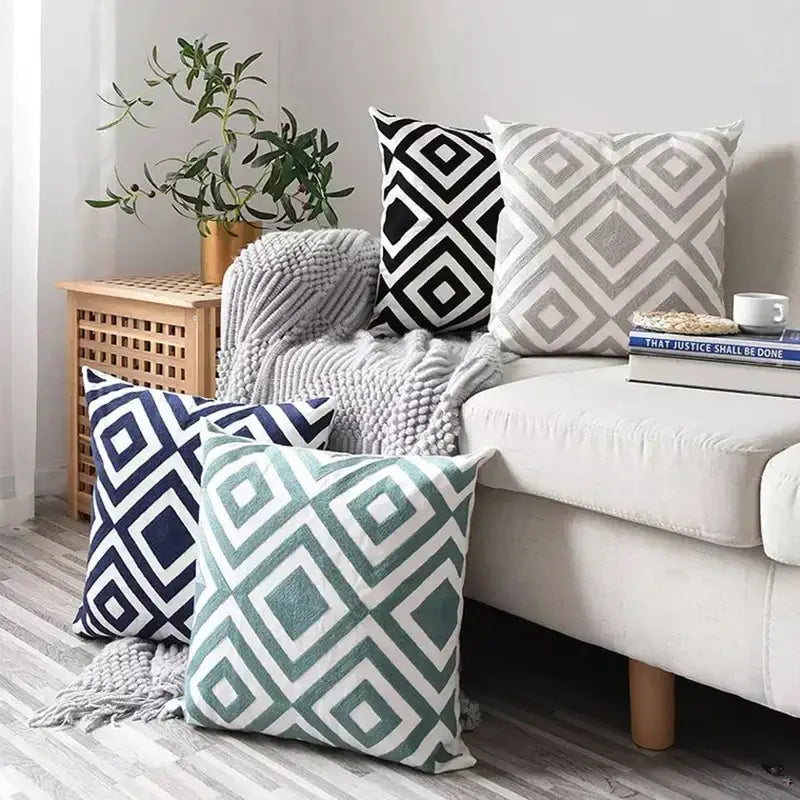 Geometric embroidered cushion cover set – living room pillows