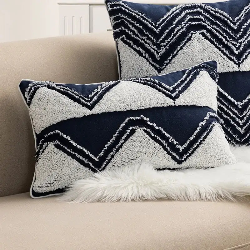 Geometric embroidered cushion cover with tufted tassels bedroom decor