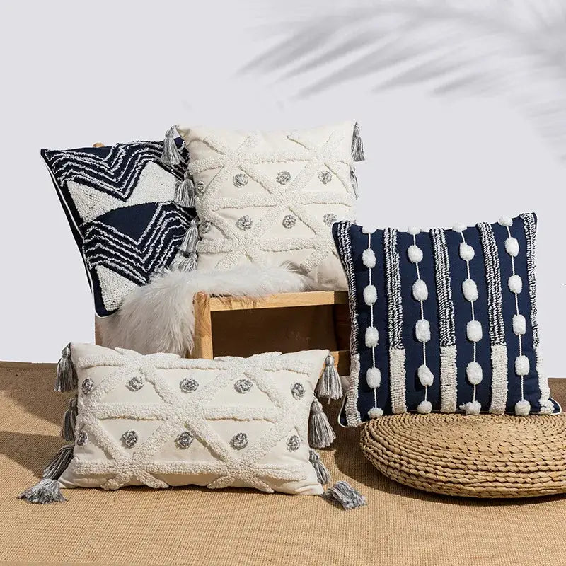 Geometric embroidered cushion cover with tufted tassels bedroom decor
