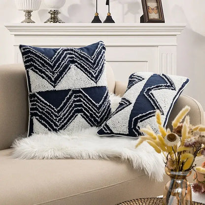 Geometric embroidered cushion cover with tufted tassels bedroom decor