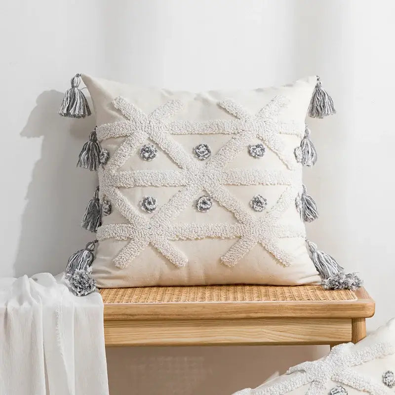 Geometric embroidered cushion cover with tufted tassels bedroom decor