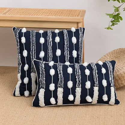 Geometric embroidered cushion cover with tufted tassels bedroom decor