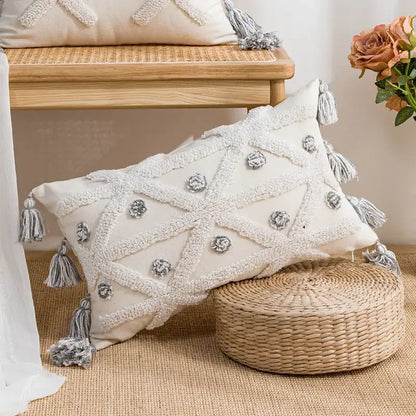 Geometric embroidered cushion cover with tufted tassels bedroom decor
