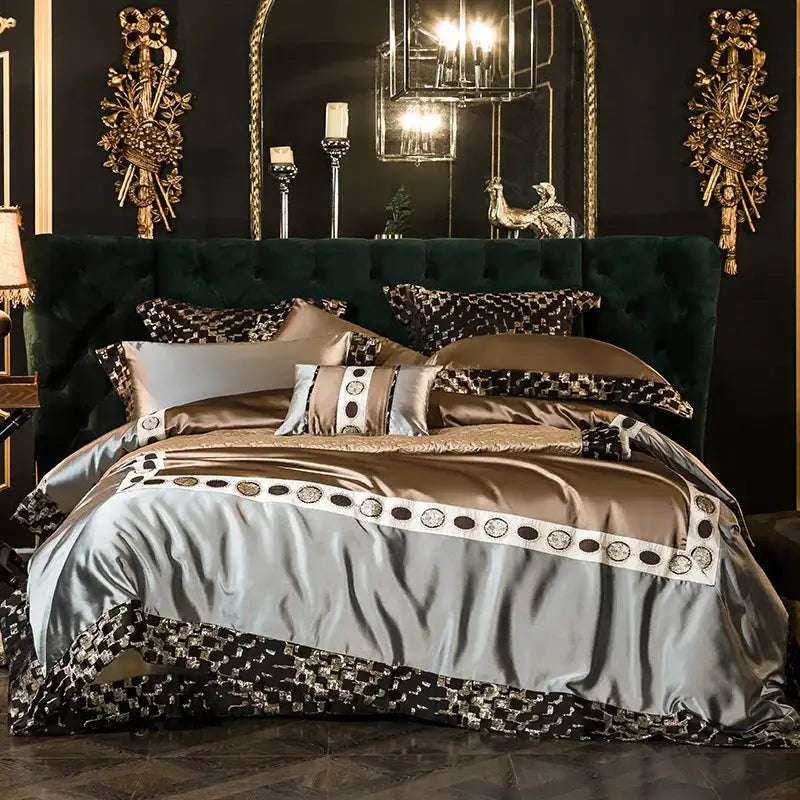Geometric embroidered egyptian cotton bedding set gold & silver bedroom