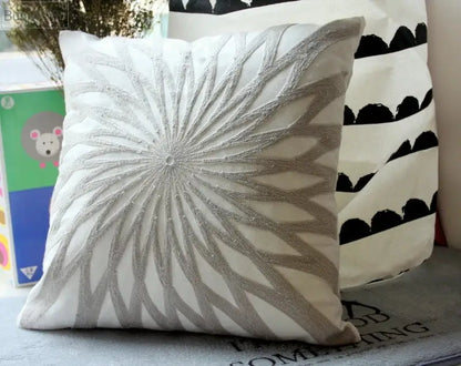 Geometric embroidered light grey cotton cushion cover living room