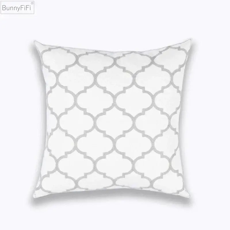 Geometric embroidered light grey cotton cushion cover living room