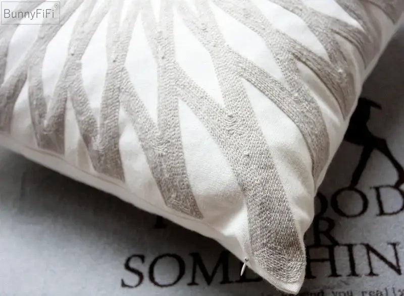 Geometric embroidered light grey cotton cushion cover living room