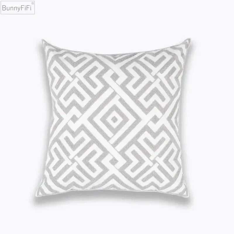 Geometric embroidered light grey cotton cushion cover living room