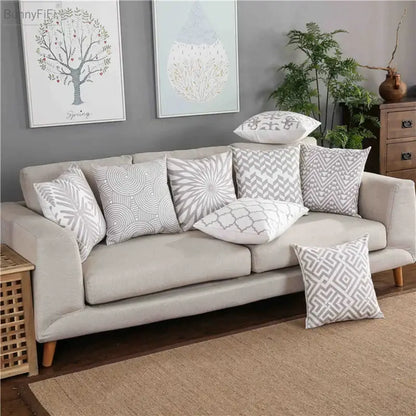 Geometric embroidered light grey cotton cushion cover living room