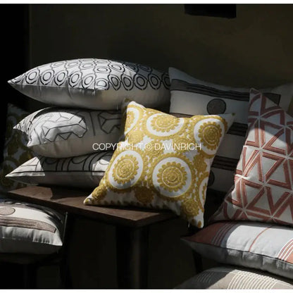 Geometric embroidered noble white & gray cushion cover living room