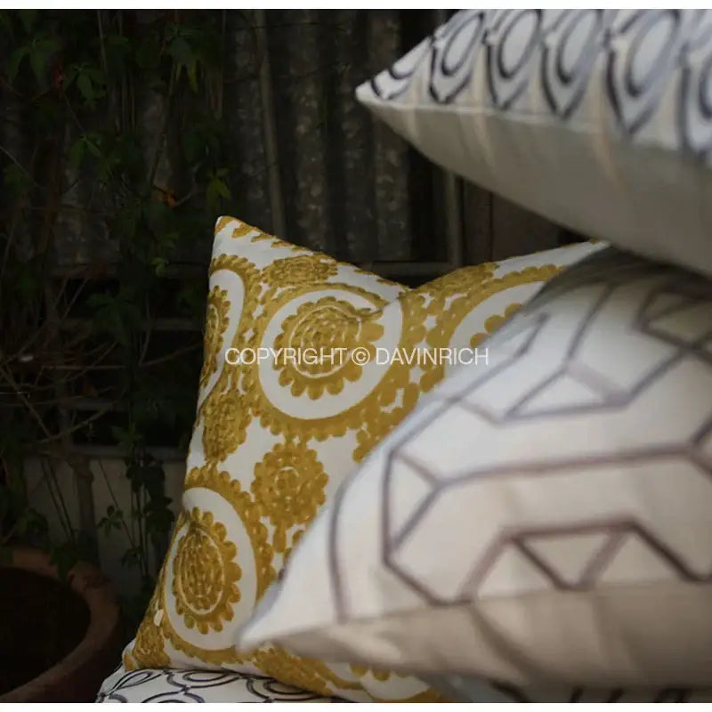 Geometric embroidered noble white & gray cushion cover living room