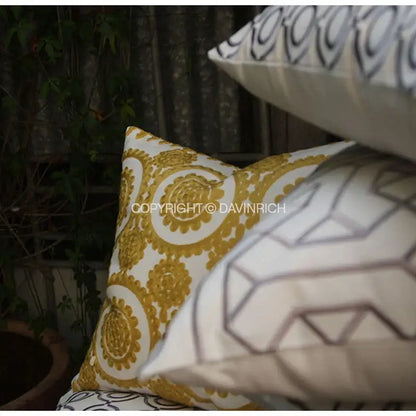 Geometric embroidered noble white & gray cushion cover living room