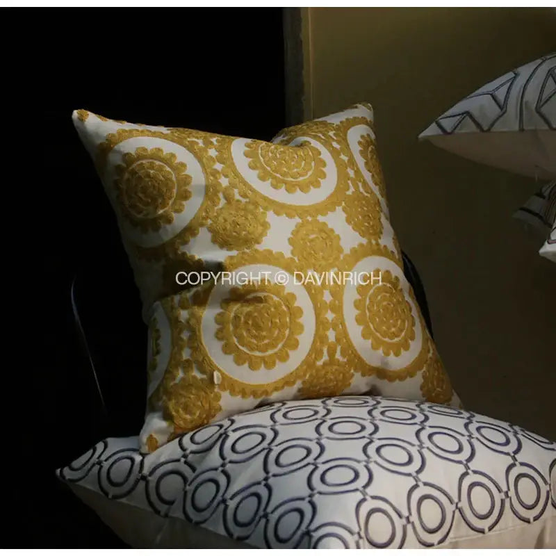 Geometric embroidered noble white & gray cushion cover living room