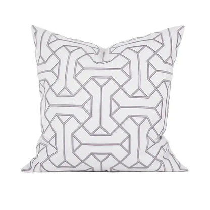 Geometric embroidered noble white & gray cushion cover living room