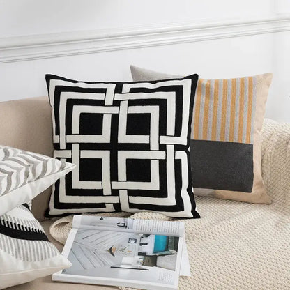 Geometric embroidery cushion cover black & grey living room decor
