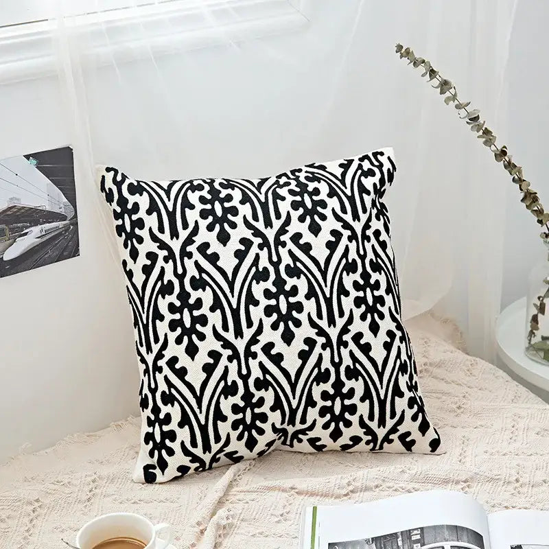 Geometric embroidery cushion cover black & grey living room decor