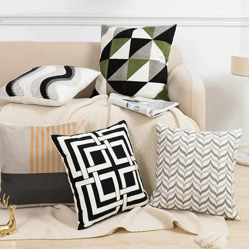 Geometric embroidery cushion cover black & grey living room decor