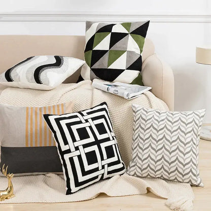 Geometric embroidery cushion cover black & grey living room decor