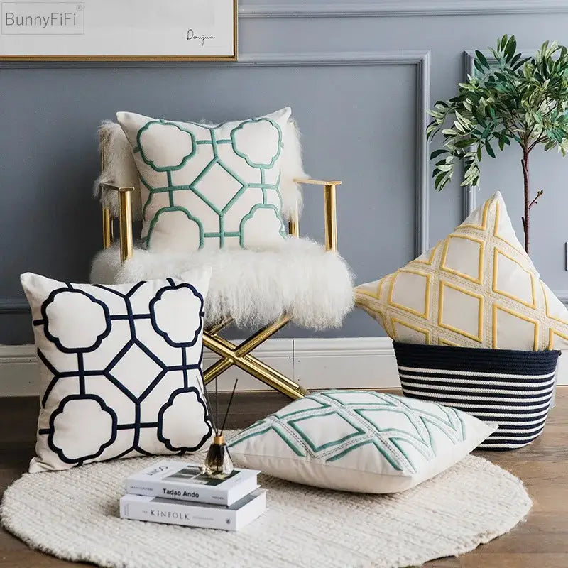 Geometric embroidery cushion cover yellow & teal living room decor