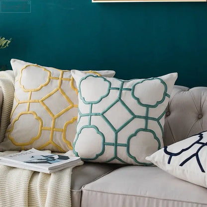 Geometric embroidery cushion cover yellow & teal living room decor