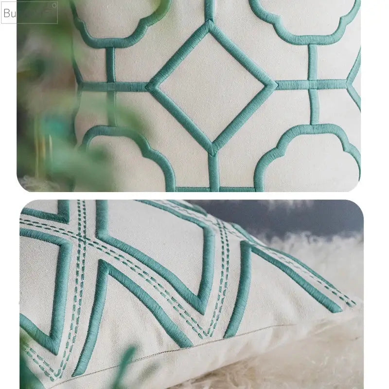 Geometric embroidery cushion cover yellow & teal living room decor