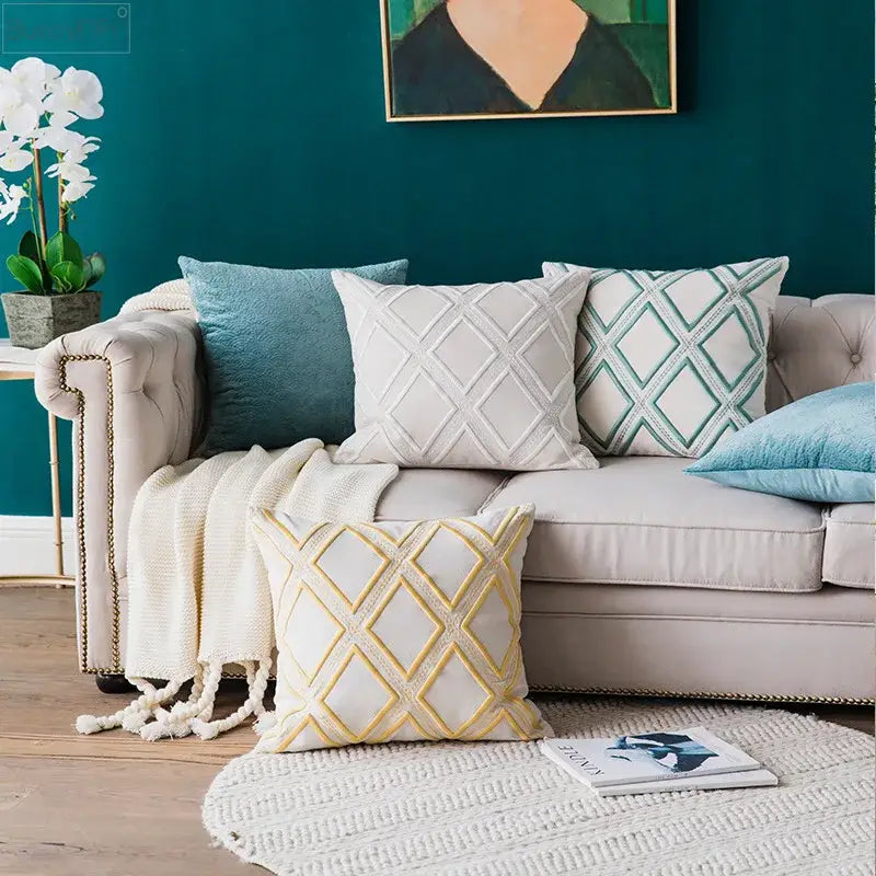 Geometric embroidery cushion cover yellow & teal living room decor