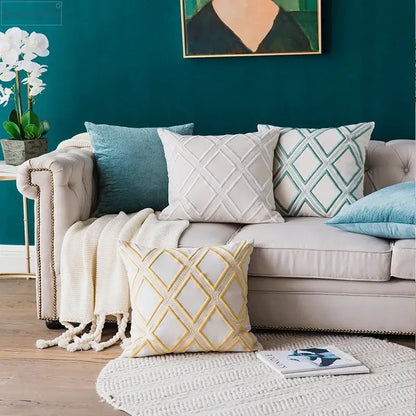 Geometric embroidery cushion cover yellow & teal living room decor