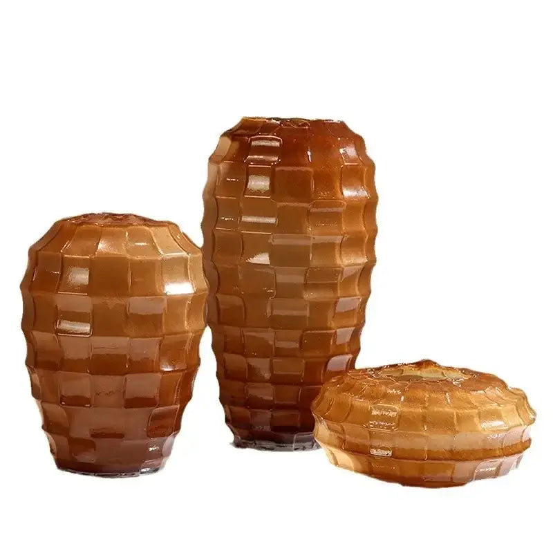 Geometric frosted glass amber vase set – living room decor