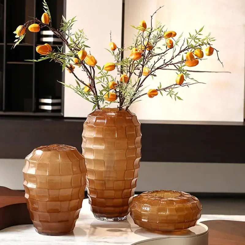 Geometric frosted glass amber vase set – living room decor