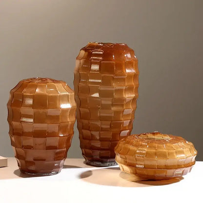 Geometric frosted glass amber vase set – living room decor