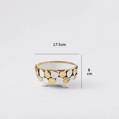 Geometric gold leaf relief ceramic vase white & gold living room decor