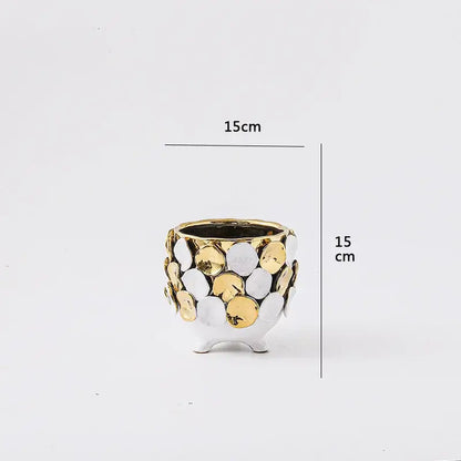 Geometric gold leaf relief ceramic vase white & gold living room decor