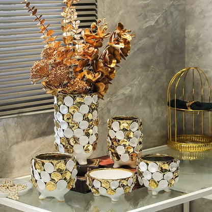 Geometric gold leaf relief ceramic vase white & gold living room decor