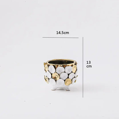 Geometric gold leaf relief ceramic vase white & gold living room decor