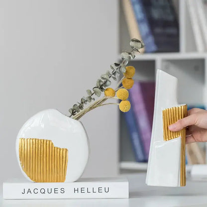 Geometric gold striped white ceramic vase for living room hydroponics