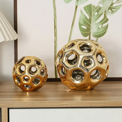 Geometric golden hollow ceramic spheres living room decor