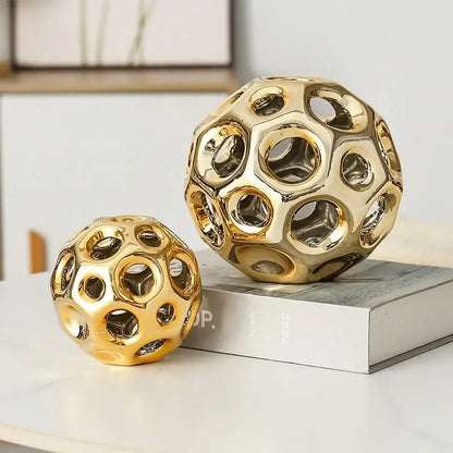 Geometric golden hollow ceramic spheres living room decor