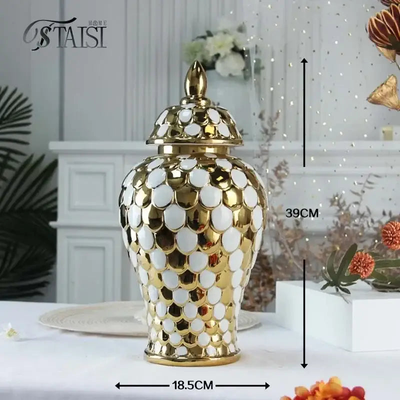 Geometric golden porcelain jar living room white & gold mosaic storage