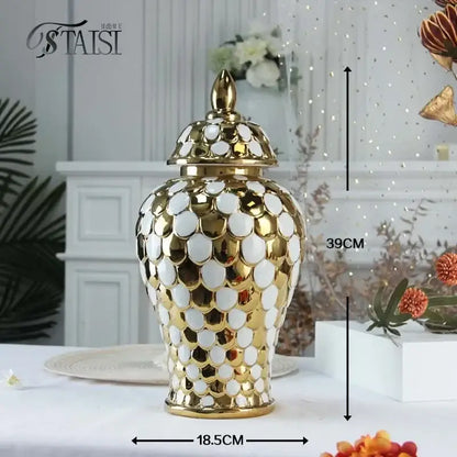 Geometric golden porcelain jar living room white & gold mosaic storage