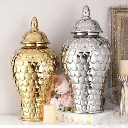 Geometric golden porcelain jar living room white & gold mosaic storage