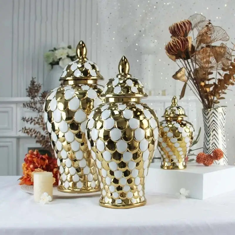 Geometric golden porcelain jar living room white & gold mosaic storage