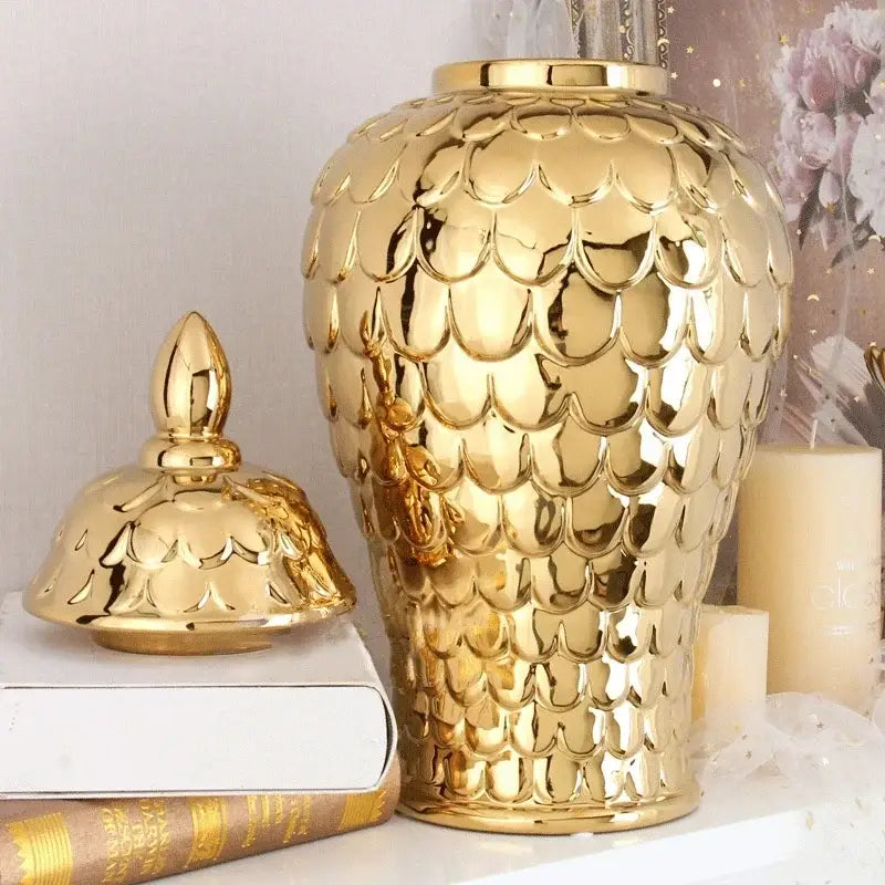 Geometric golden porcelain jar living room white & gold mosaic storage