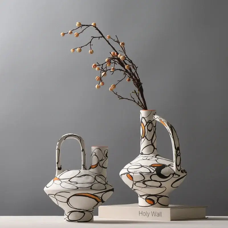 Geometric graffiti ceramic vase white & terracotta living room decor